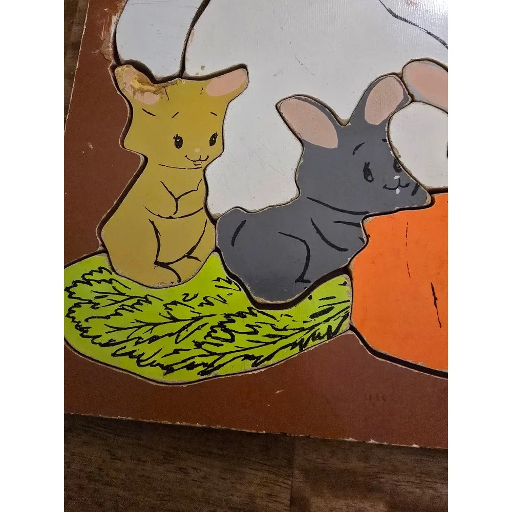 Vintage Playskool Wooden Inlay Puzzle Rabbits Bunnies Carrot 13 Pieces